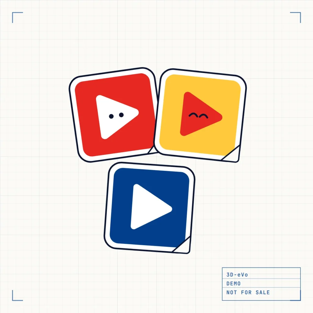 Tekening van drie stickers met Evo en een playknop